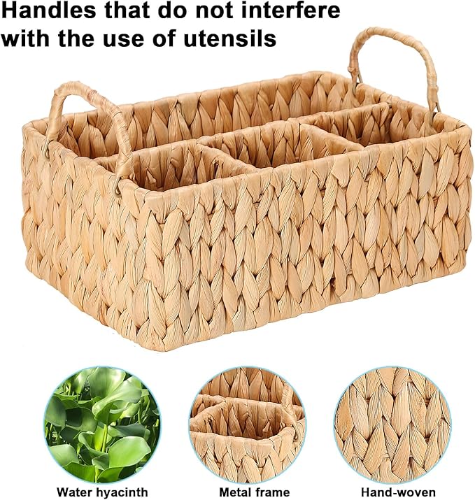 Wicker Party Silverware Caddy, Water Hyacinth Plastic Cutlery Utensil Holder, Hand Woven with Handles, Kitchen Countertop and Picnic flatware Organizer (4 compartments)