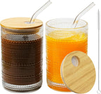 15 Oz Glass Cups with Lids and Straws, Vintage Embossed Glassware for Whiskey Cocktail Beer, Iced Coffee Cup with Lid (2 PACK)