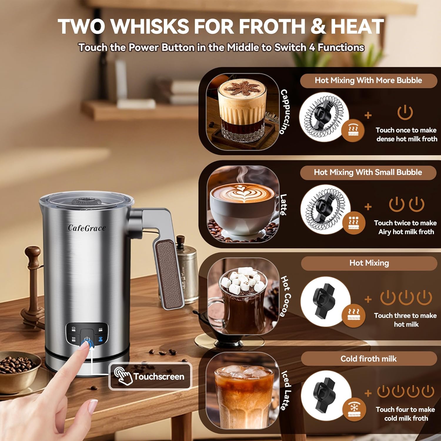 Milk Frother, 4-in-1 Milk Frother and Steamer, Automatic Hot and Cold Foam Maker and Milk Steamer for Coffee, Latte, Cappuccino, Macchiato, Hot Chocolate, Matcha