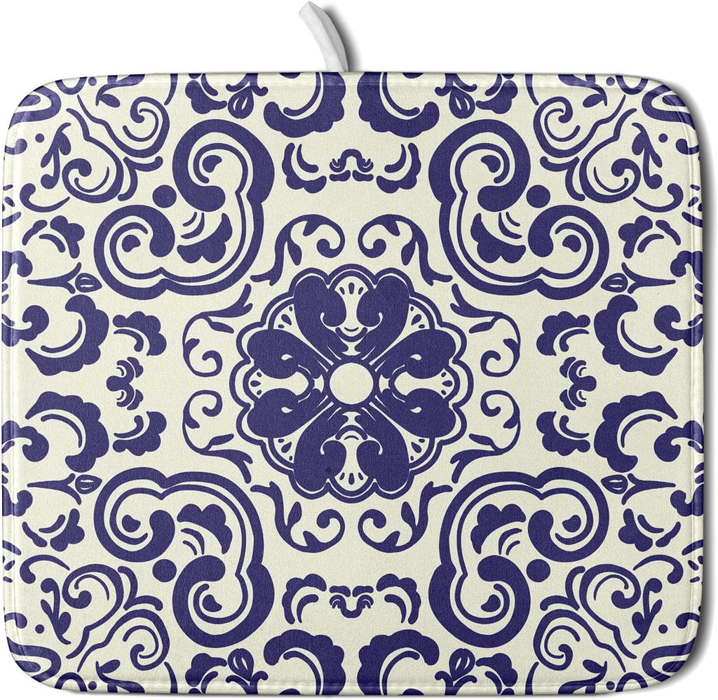 Boho Ethnic Design Dish Drying Mat for Kitchen Counter,Blue Bohemian Mandala Drying Mat 16 x 18 Inch with High Absorbent Reversible Microfiber Dish Drying Pad Dish Rack Pad Drainer Mat for Coffee Bar