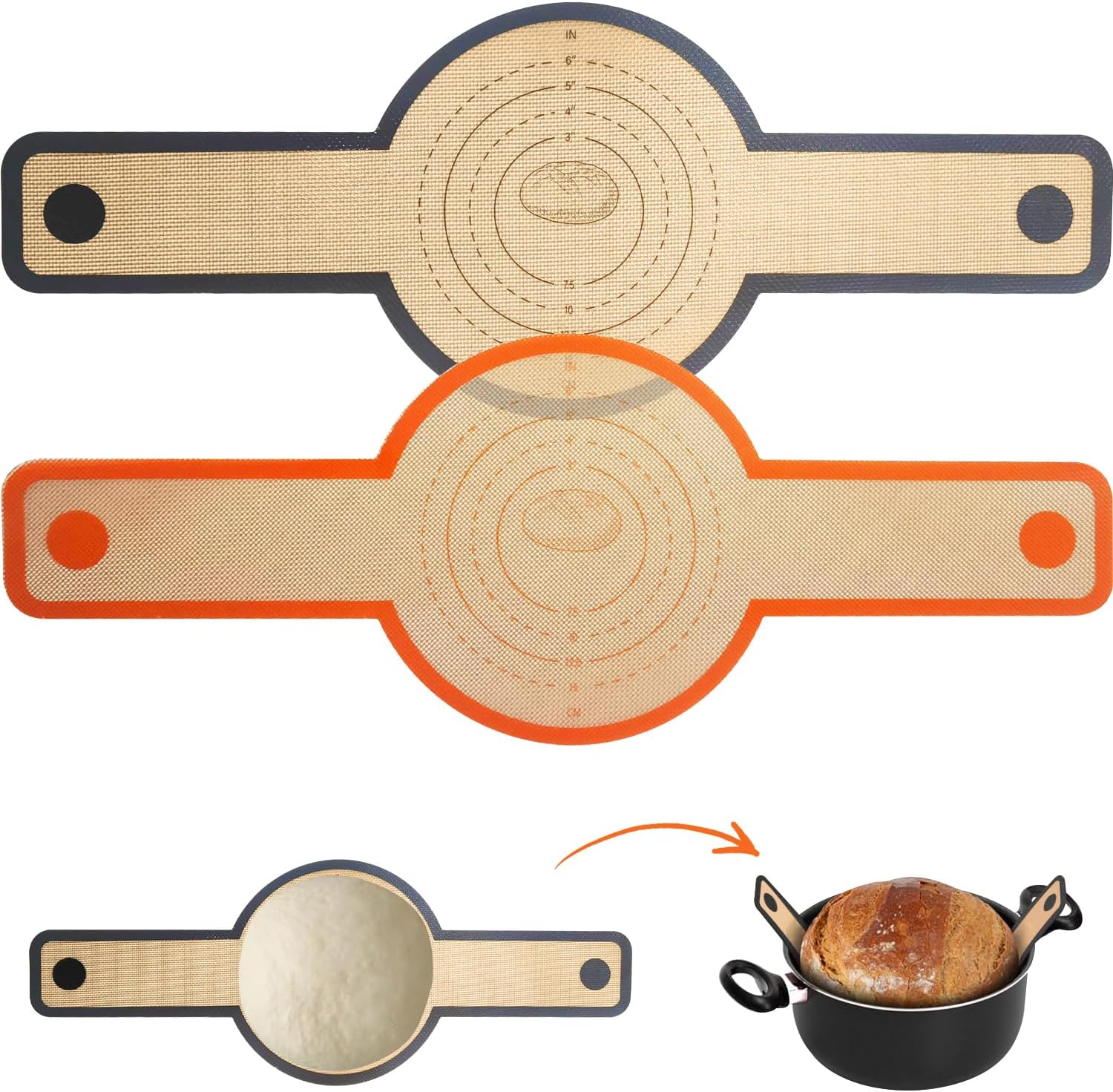 Silicone Bread Sling for Dutch Oven - 2 Pcs Non-Stick & Easy to Clean Reusable Silicone Bread Baking Mat Set with Extra Long Handles, Easy to Transfer Sourdough Bread, Gray, Orange
