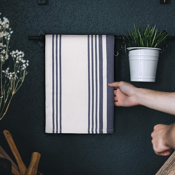 Urban Villa Kitchen Towels 100% Cotton Dish Towels for Kitchen (Set of 3) 20”x30” Dish Cloths Highly Absorbent Kitchen Linen Set with Hanging Loop Perfect for Drying Dishes Cleaning Towels-Blue White