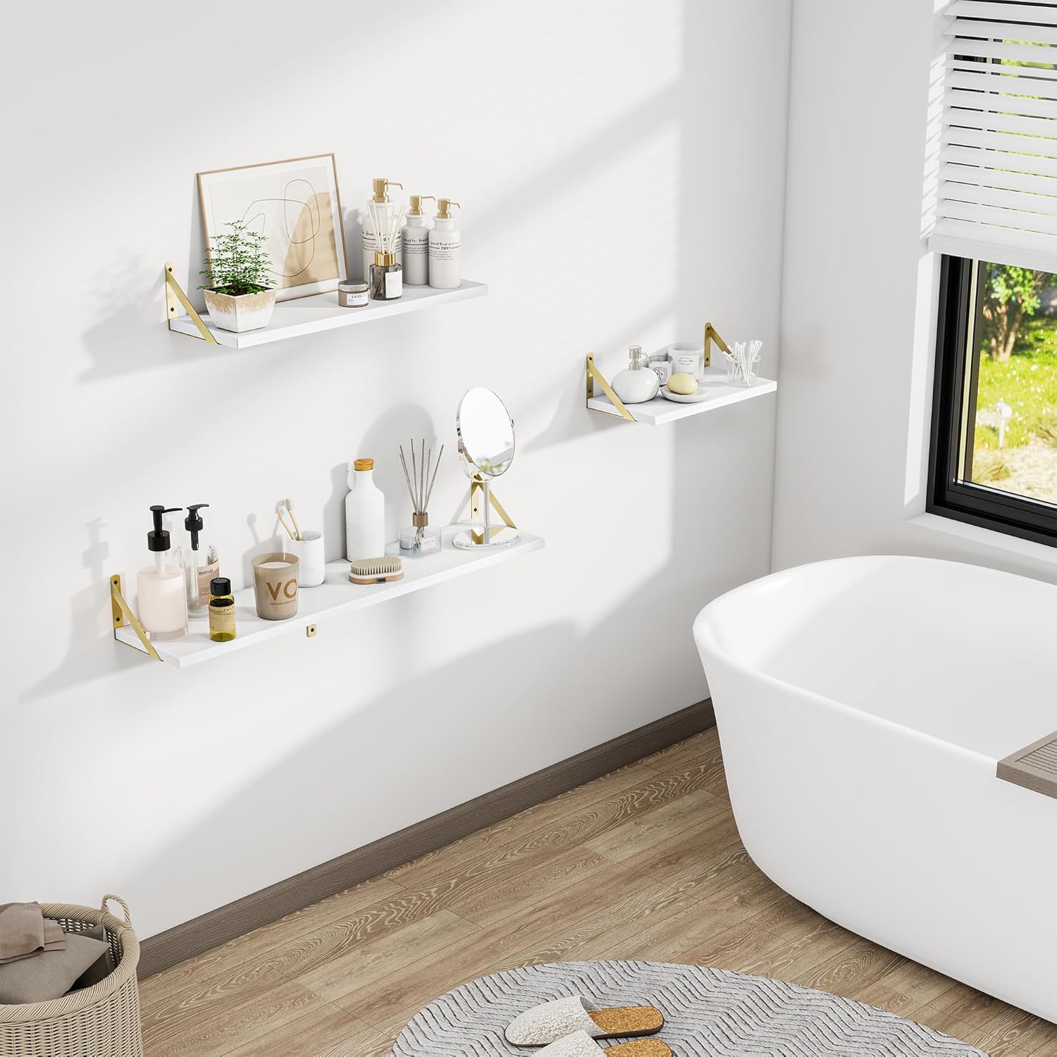 Deep Floating Shelves for Wall, 36W x 8D Wall Mounted Shelves Set of 2, Wide Display Ledge Shelf with Sturdy Metal Brackets for Living Room, Bathroom, Bedroom and Kitchen, White with Gold Brackets