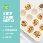GreenLife 12-Cup Muffin Pan, Healthy Ceramic Nonstick Bakeware, PFOA & PFAS-Free Cupcake Tray, Durable Baking Pan, Versatile Kitchen Essential, Easy Clean Muffin Mold, Nonstick Baking Sheet, Turquoise