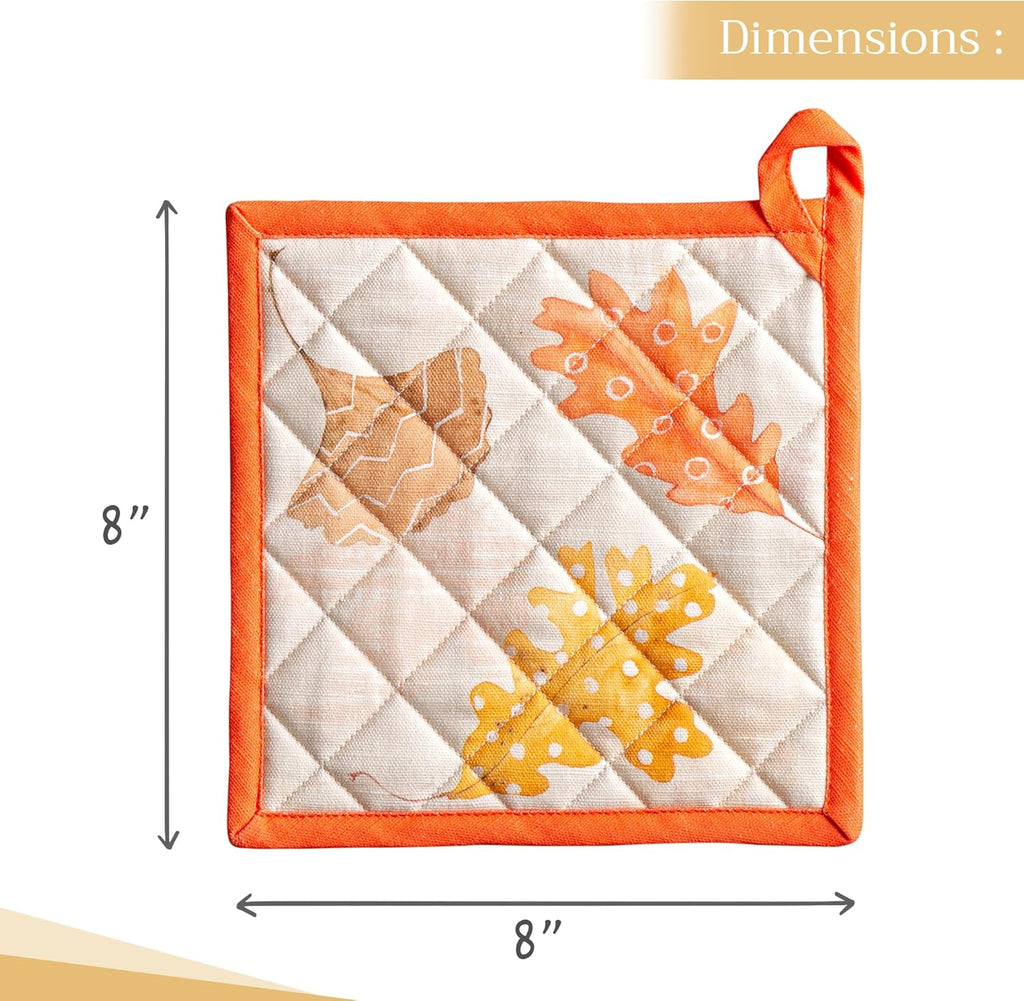 Maison d' Hermine Pot Holders Set 100% Cotton Heat Resistant Potholders 8" x 8" Hot Pads with Loop BBQ, Cooking, Baking, Grilling, Kitchen, Handling Hot Pans (Pack of 2, Colors of Autumn)