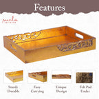 Coffee Table Tray (Distressed Gold) - “Flourish” Wood Serving Tray w/Handles for Breakfast in Bed - Mango Wood Decorative Tray w/Felt Pads - Medium Size Tray - 16” x 12” x 2.5”