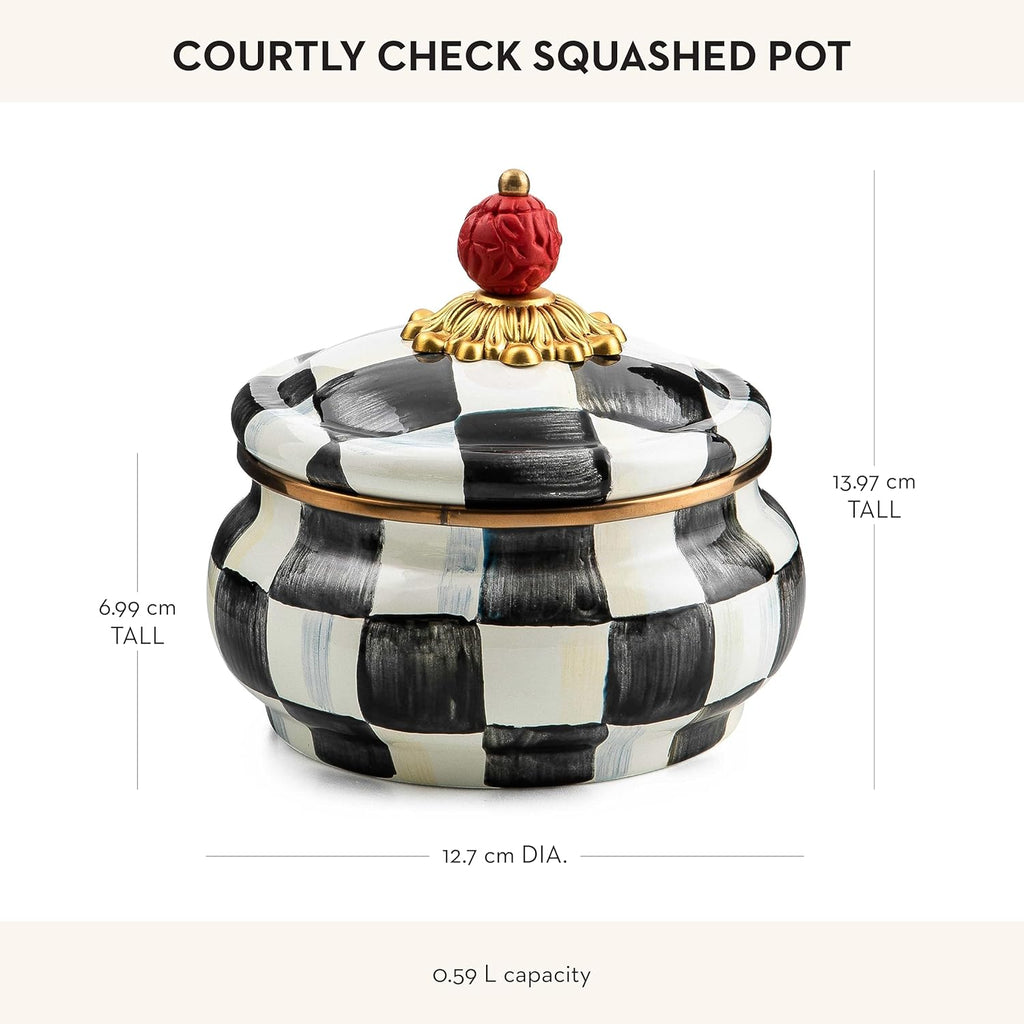 MACKENZIE-CHILDS Enamel Squashed Pot, Cute Enameled Container with Lid, 20 Ounces, Black-and-White Courtly Check
