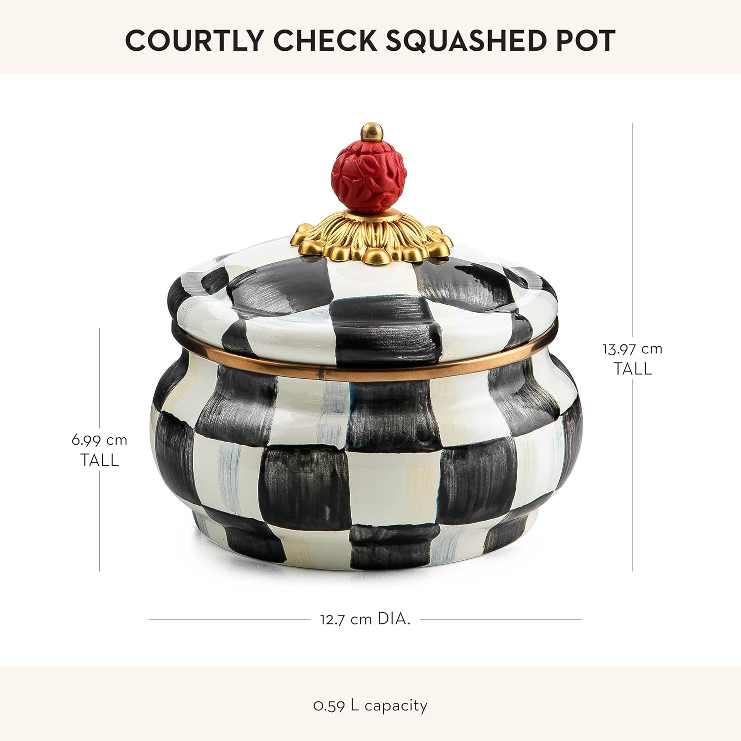 MACKENZIE-CHILDS Enamel Squashed Pot, Cute Enameled Container with Lid, 20 Ounces, Black-and-White Courtly Check