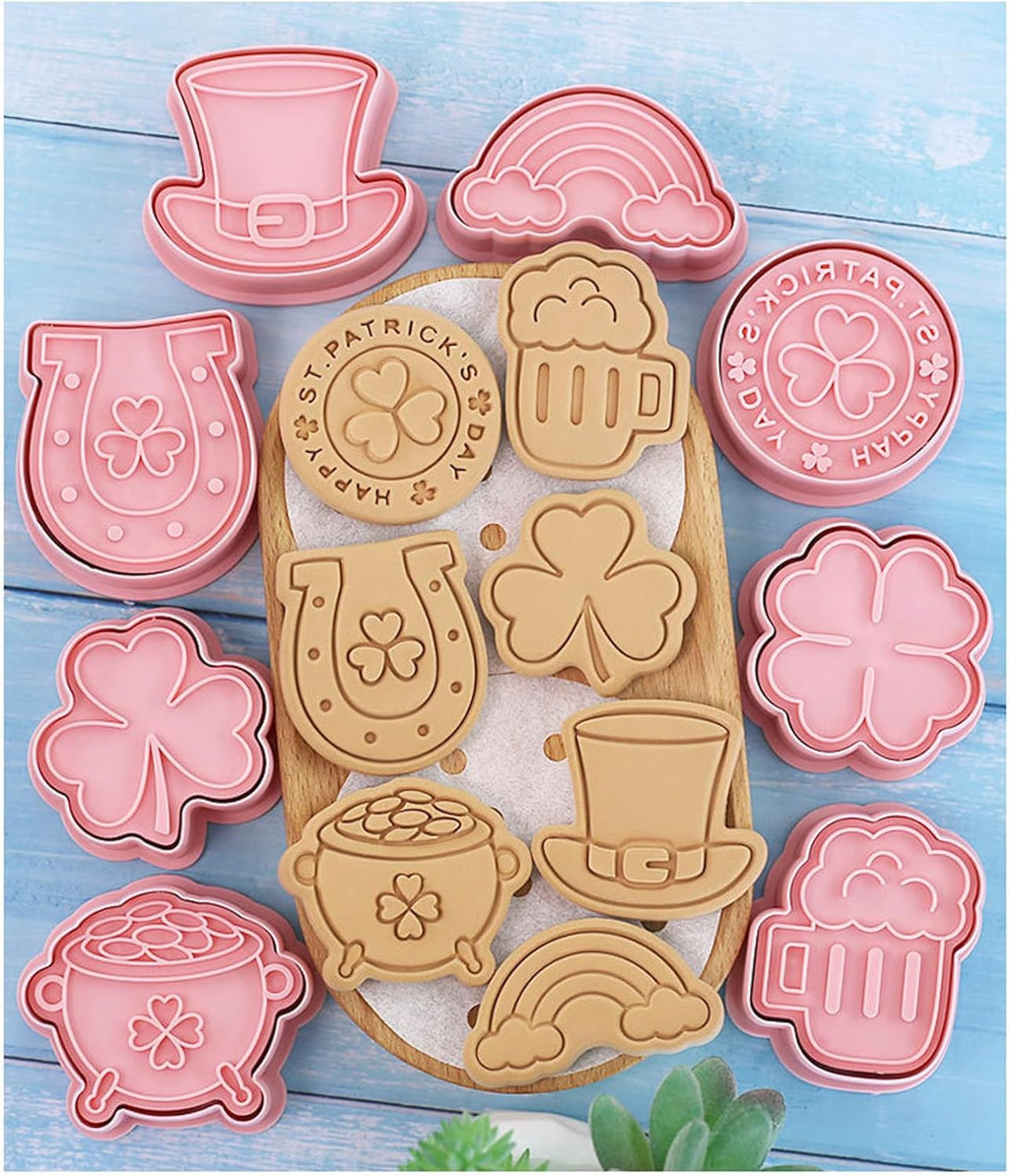 St. Patrick's Day Cookie Cutters, 8Pcs 3D Plastic Cookie Molds Cartoon Shamrock Four Leaf Clover Horseshoe Biscuit Cutters for Irish Holiday Party Baking Cutting Tool (D8)