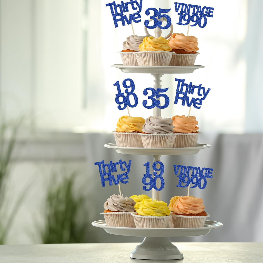 Gyufise 24Pcs Vintage 1990 Cupcake Toppers Glitter Cheers to 35 Fabulous Thirty Five Cupcake Picks 35th Birthday Wedding Anniversary Party Cake Decorations Supplies Deep Blue