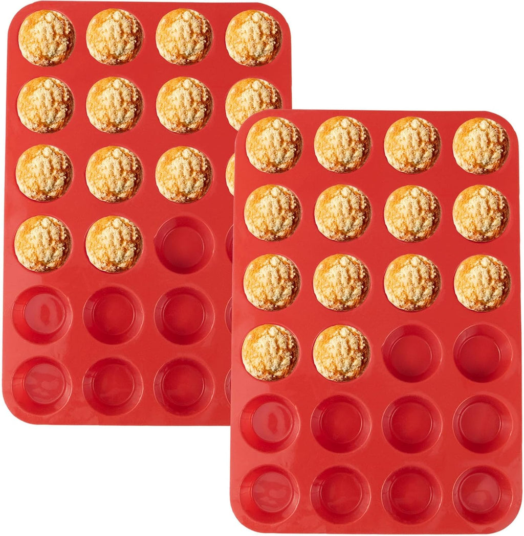 24 Cups Silicone Mini Muffin Pan Set, Nonstick Mini Cupcake Pans, BPA Free Small Muffin Tin for Baking, Set of 2 (Red+Red)
