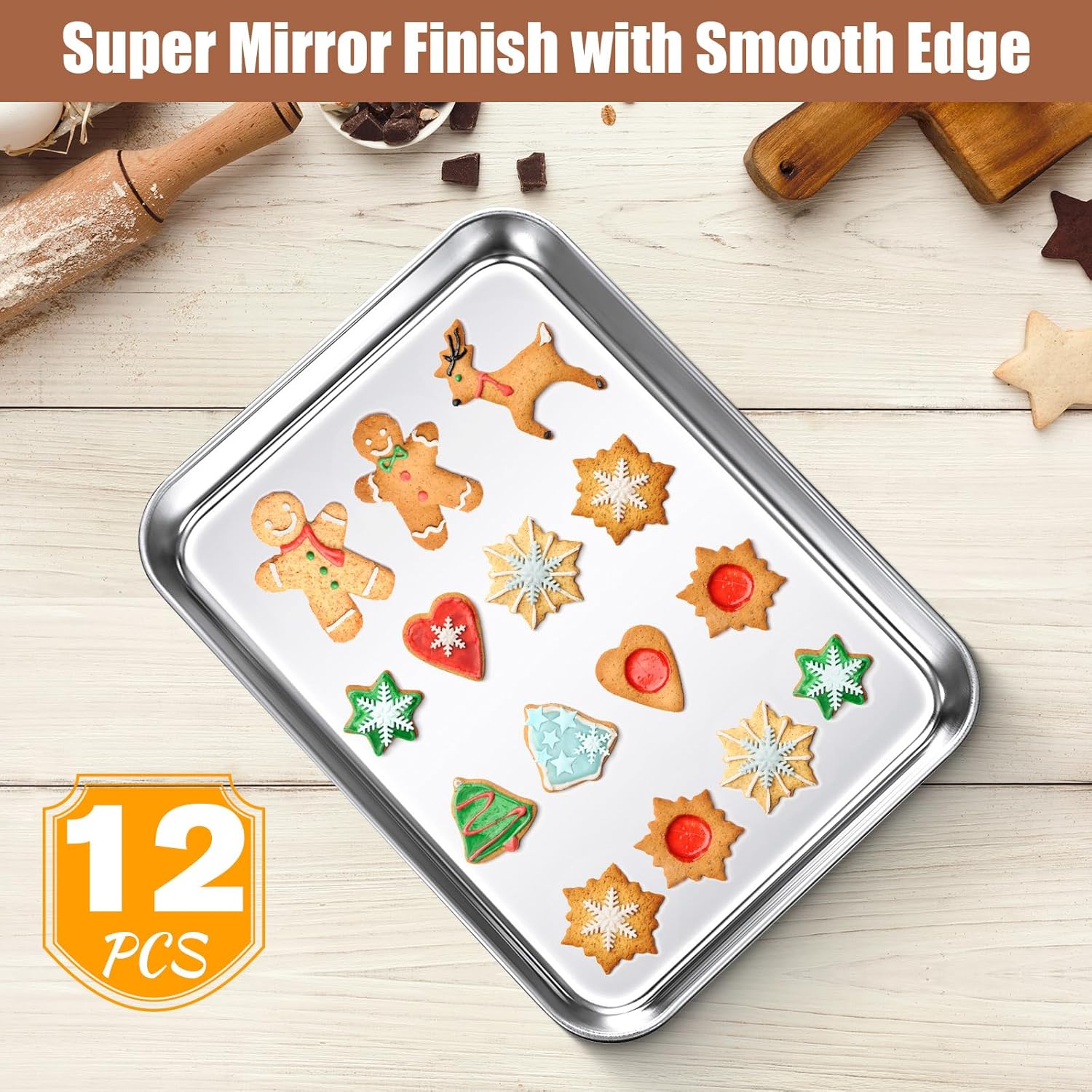 12 Pcs Baking Sheet Pan Set 9 x 6.7 x 1 Inches Cookie Sheet Small Toaster Oven Pans Stainless Steel Tray Barbecue Grill Pan Rectangle Trays Oven, Non-stick, Easy Clean