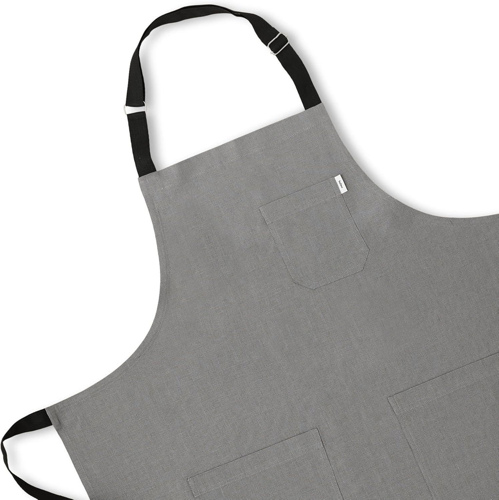 Solino Home Linen Bib Apron for Men & Women - Steel Grey/Black Kitchen Apron with Front Pockets - Handcrafted from European Flax