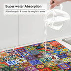 Bohemian Chic Floral Dish Drying Mat, Highly Absorbent Microfiber Kitchen Counter Pad Reusable Washable, 16*18"