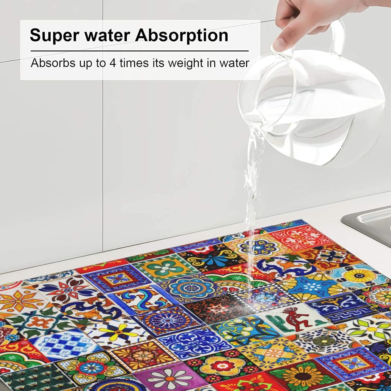 Bohemian Chic Floral Dish Drying Mat, Highly Absorbent Microfiber Kitchen Counter Pad Reusable Washable, 16*18"