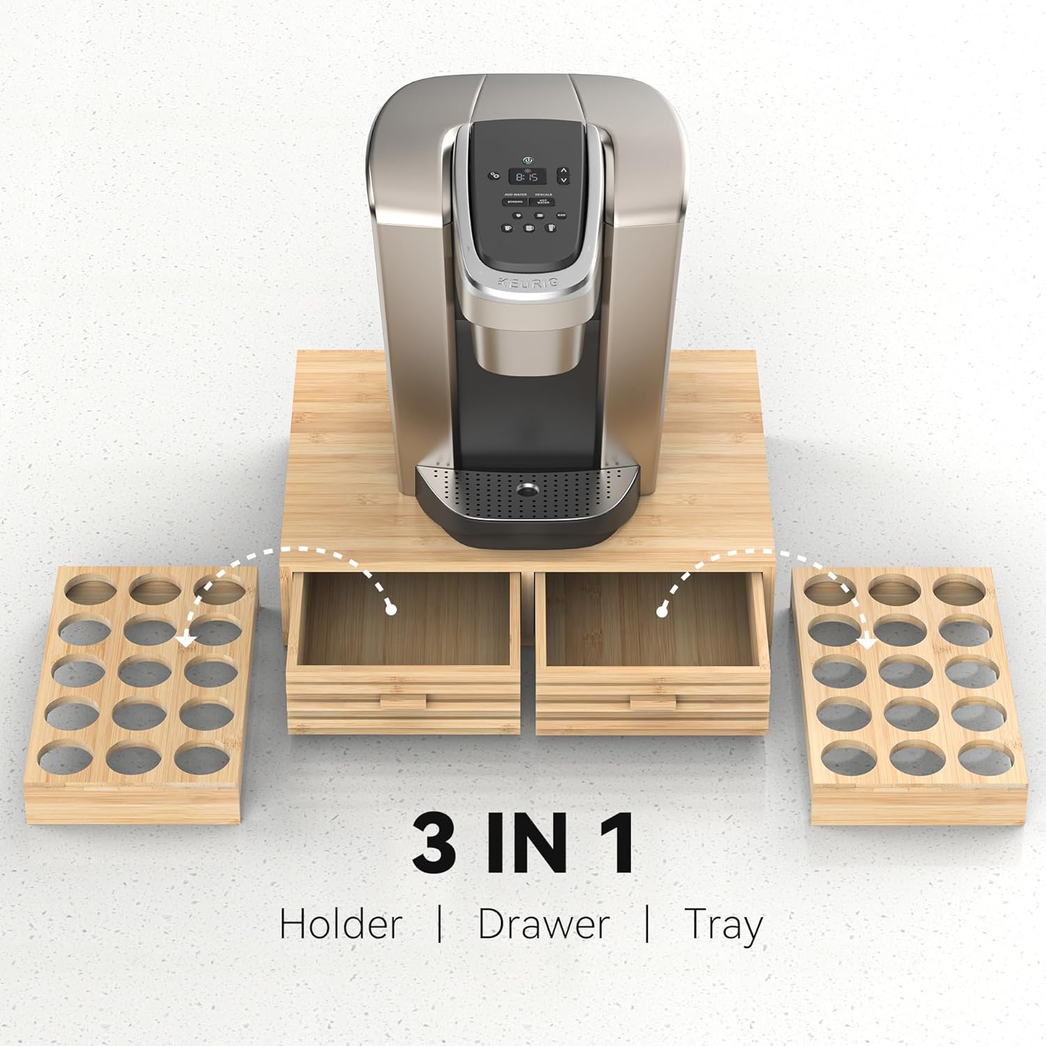 Bamboo K-Cup Pods Holder Organizer - 60 Pod Capacity with 2 Sliding Drawers & 2 Coffee Pod Holder Inserts, Elegant Tea Bag Storage Box for Home, Office & Kitchen Countertop (39.4"x8.2"x8.2")