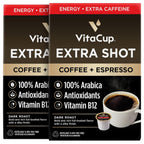 VitaCup Extra Shot Strong Coffee Pods, Bold & Intense Dark Roast w/Espresso Shot, High Caffeine, Vitamin B12, Antioxidants, Recyclable Single Serve Pod Compatible with Keurig K-Cup Brewers, 32ct