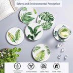 6 Pcs Coasters for Drinks with Holder, Green Leaves Absorbent Ceramic Coasters with Cork Base,Cute Funny Table Drinks Coasters Tabletop Protection Mat,Table Home Decor,4 Inches