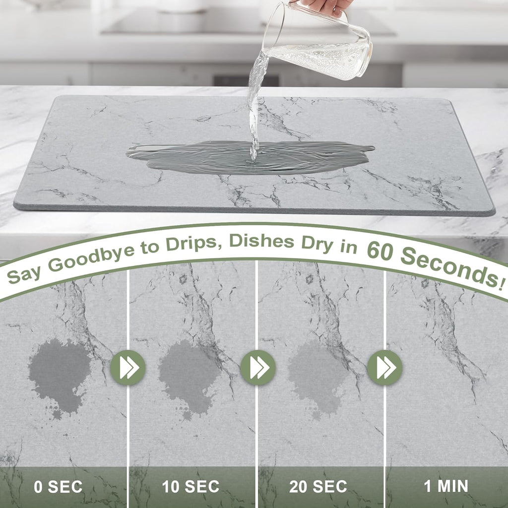 Large Stone Drying Mat for Kitchen Counter, 24" × 16" Diatomite Dish Drying Mat, Quick Dry Stone Mats, Ultra Absorbent Natural Diatomaceous Earth Mats for Dished, Bottles, Grey Marble