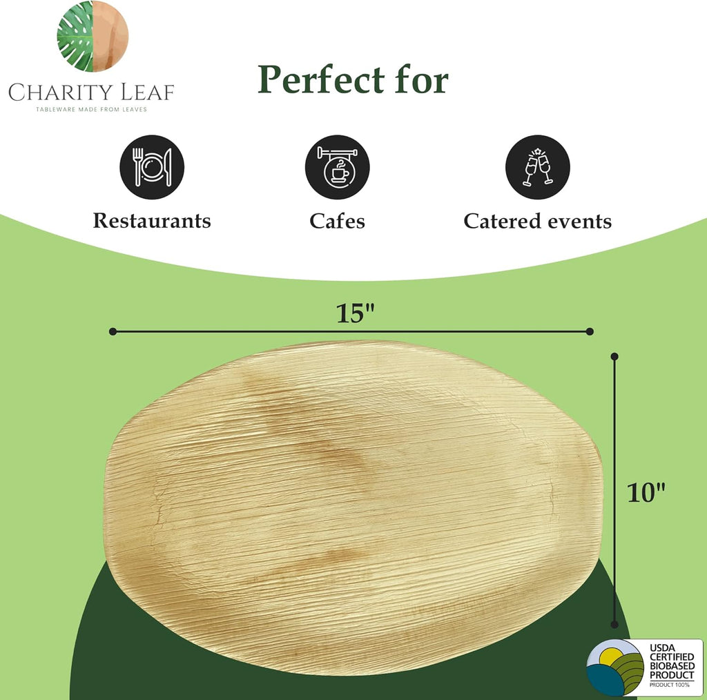 Charity Leaf Disposable Palm Leaf 15" x 10" Trays (25 pieces) Bamboo Like Serving Platters, Disposable Boards, Eco-Friendly Dinnerware For Weddings, Catering, Events