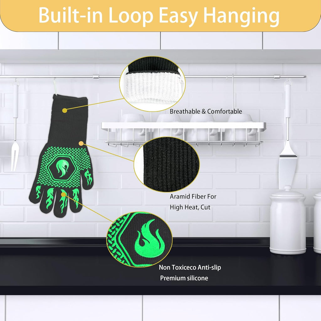 BBQ Fireproof Gloves, Grill Cut-Resistant Gloves 1472°F Heat Resistant Gloves, Non-Slip Silicone Oven Gloves, Kitchen Safe Cooking Gloves for Oven Mitts,Barbecue,Cooking, Frying,13.5 Inch-Green