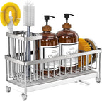 Cisily Extra Large Silver Sponge Holder for Kitchen Sink, Sink Caddy Organizer with High Brush Holder, Kitchen Countertop Organizers and Storage Essentials, Rustproof 304 Stainless Steel