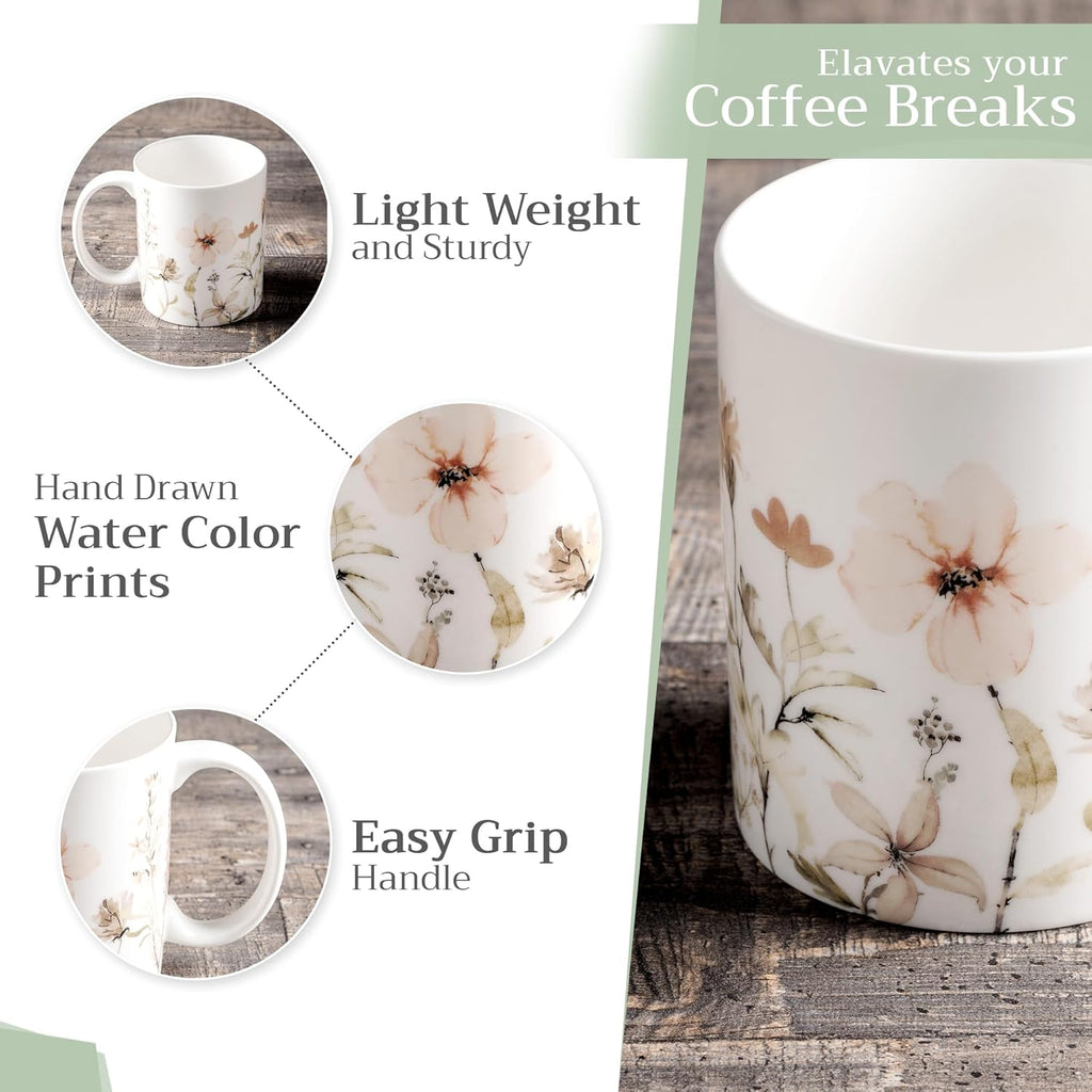 Maison d' Hermine Coffee Mug with Handles Fine Bone China Mugs Pack of One Tea Cups for Hot Beverages Cappuccino Latte Home Office Perfect for Gift (Ice Florals - Romantic Morning, 12 Ounce)