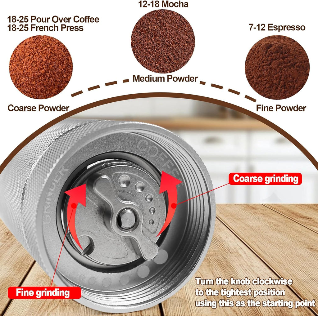 Manual Coffee Grinder Detachable Stainless Steel Conical Burr Aluminum Coffee Bean Grinder with 25 Grinding Settings Cleaning Brush Grindable Espresso Moka Pot French Press for Camping Silver