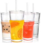 20 oz Tumblers with Lids and Straws, Ribbed Glass Set of 4-Clear Ice Coffee Cups Ideal for Smoothies, Juice, Boba & Cold Beverages, Durable reusable Glassware，Drinking Glasses with 1 Brush