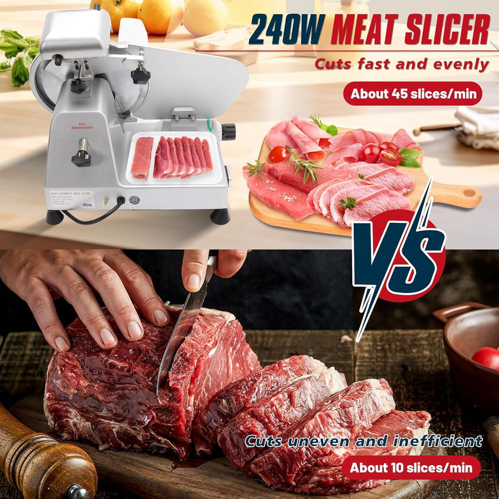 10 inch Commercial Meat Slicer, Electric Food Slicer, 240W Deli Slicer, Premium Chromium-plated Steel Blades, 0-12mm Adjustable Thickness Food Slicer For Commercial and Home use