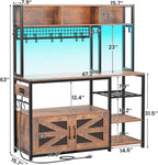 Itaar 47.2 Inch Bakers Rack with Power Outlet, Microwave Stand with Storage, Farmhouse Coffee Bar Cabinet Station with Wine Rack, Iron Grid and 8-S Hooks (Rustic Brown)