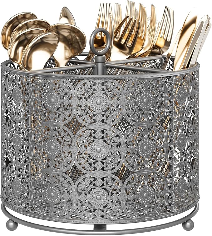 Rotating Utensil Caddy Countertop - Higher Raised Cutlery Caddy Holder - Metal Silverware Caddy Organizer with 4 Compartment for Kitchen Counter Party Office Silver
