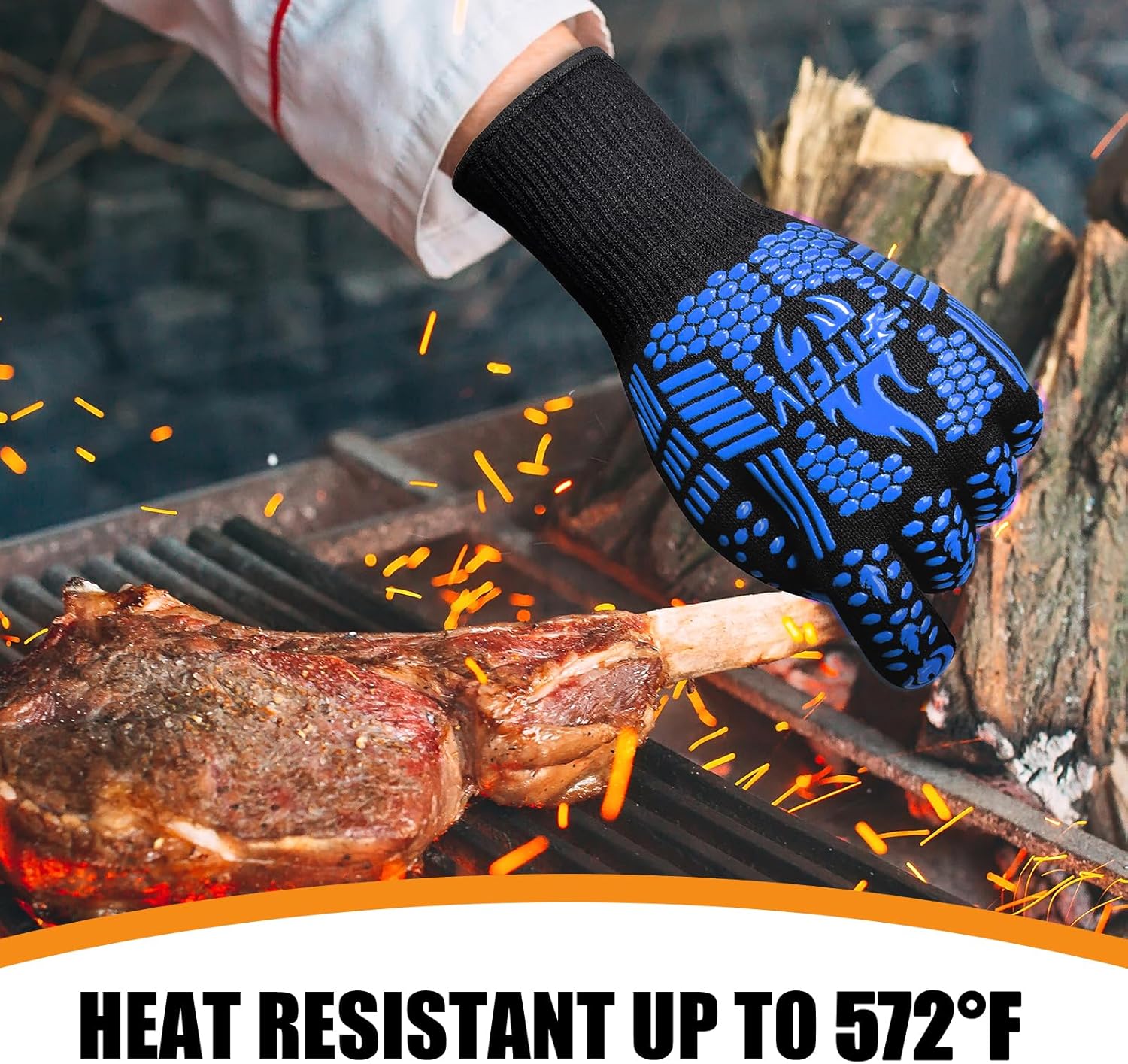 BBQ Gloves, Oven Gloves, Extreme Heat Resistant Barbecue Gloves, Silicone Non-Slip Oven Mitts, Kitchen Gloves for Cooking, Grilling, and Baking (Blue)