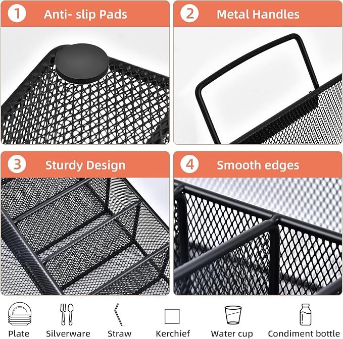 Silverware Organizer with Handle - Metal Utensil Caddy for Kitchen Counter, 7 Compartment for Plate, Cup, Napkin, Paper Plate Dispenser for Party, Picnic