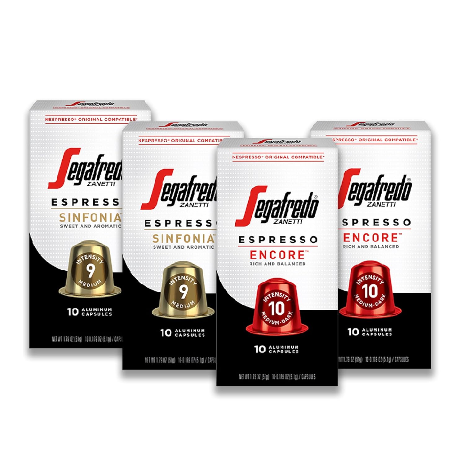Segafredo Zanetti Espresso Capsules – Aluminum Pods for Nespresso Original Machines – Sinfonia & Encore Variety Premium Espresso – Medium & Medium-Dark Roast – Sinfonia & Encore, 10 Count (Pack of 4)