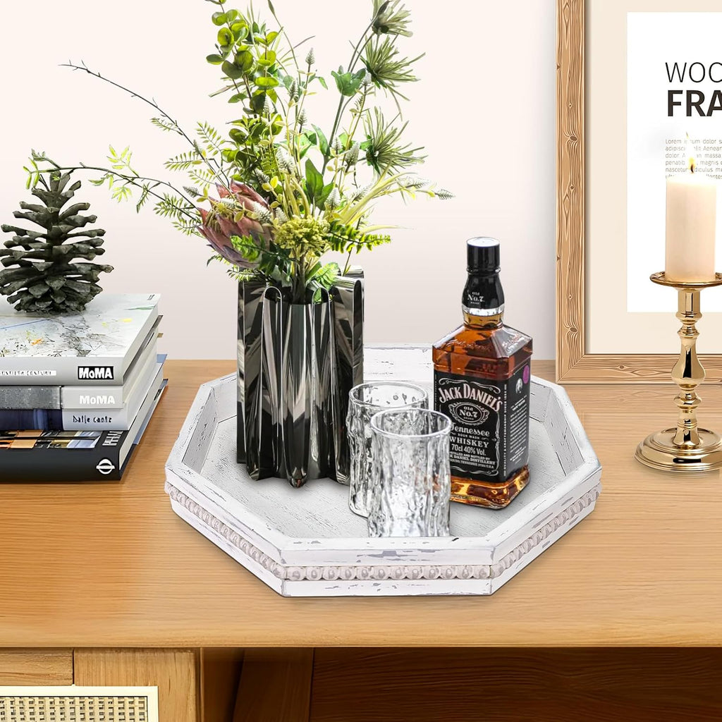 Wooden Decorative Tray, Small Serving Tray with Wood Bead, Farmhouse Big Tray for Ottoman, Countertop, Coffee Tabl, 13" x 13"x 1.6" (Retro White)