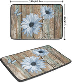 Rustic Daisy Dish Drying Mat for Kitchen Countertop 18x24 inch Blue Sunflowers on Wooden Board Dish Drainer Mats Fast Drying Country Vintage Style Shabby Chic Flower Dish Drying Pad Decor Large