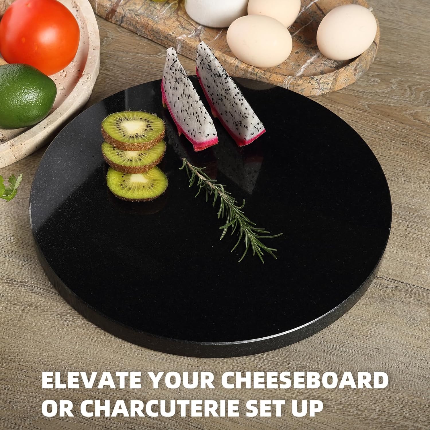 Koville African Natural Marble Cutting Board for Kitchen, 11inch Round Hand Crafted Marble Slab for Cheese, Charcuterie, Pastry Board - Wedding Gift, House Warming Gift(Zimbabwe Black)