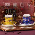 KAMMAK Tea Cups and Saucers Set of 2, Porcelain Coffee Cups with Saucer for Espresso, Cappuccino, 7oz Vintage Yellow and Blue Ceramic Demitasse Mug for Home, Tea Party, Office