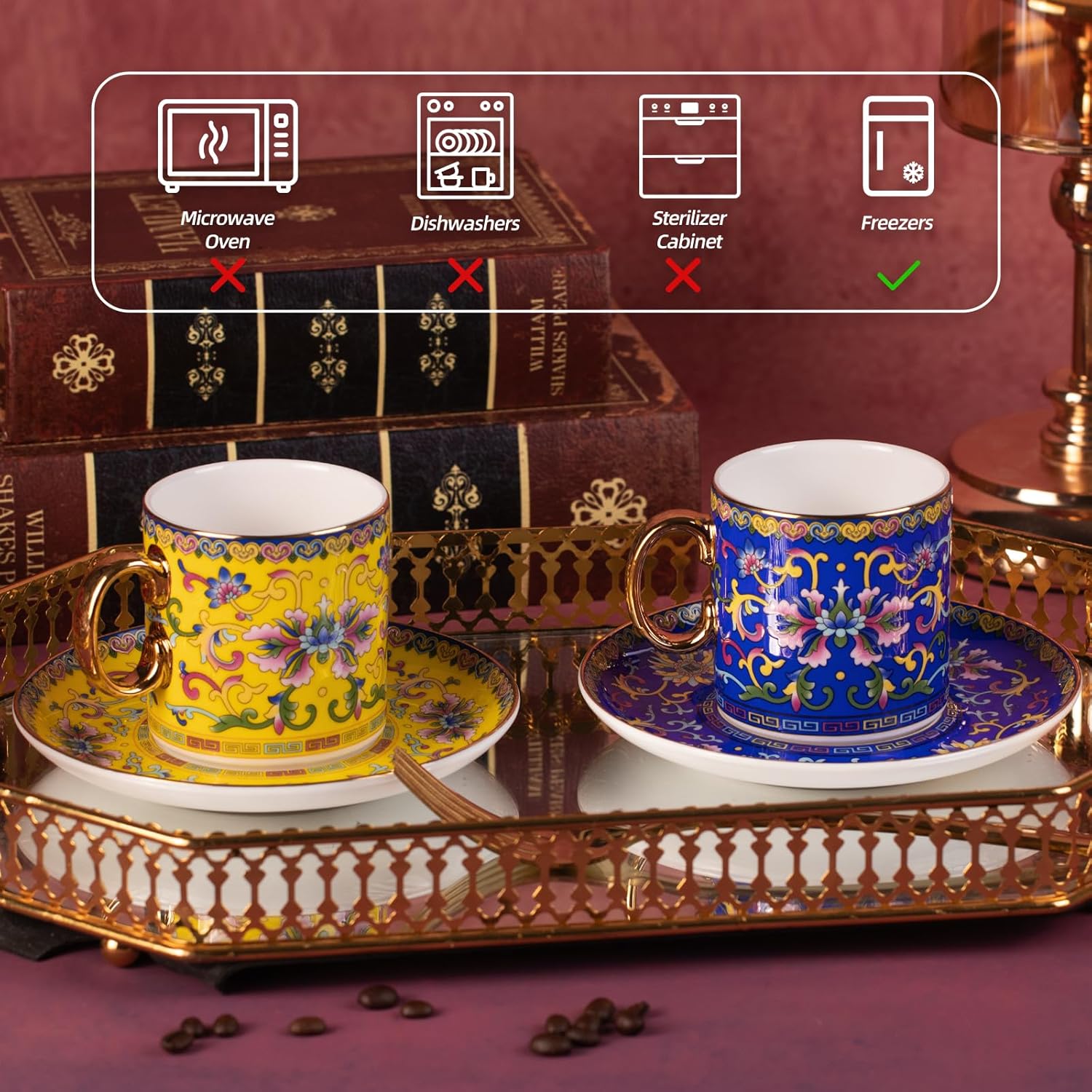 KAMMAK Tea Cups and Saucers Set of 2, Porcelain Coffee Cups with Saucer for Espresso, Cappuccino, 7oz Vintage Yellow and Blue Ceramic Demitasse Mug for Home, Tea Party, Office