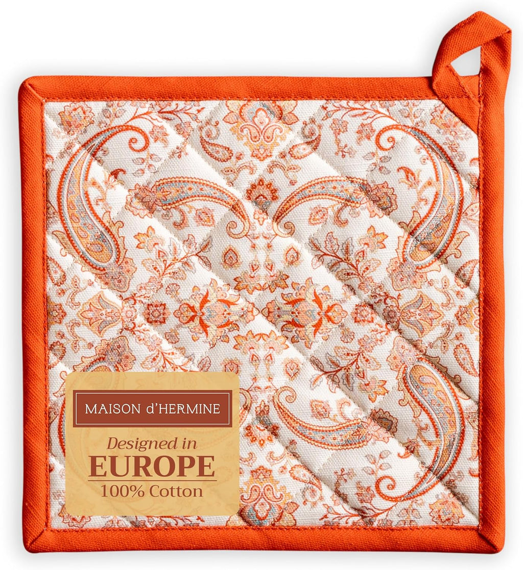 Maison d' Hermine Pot Holders 100% Cotton Heat Resistant Potholders 8" x 8" Hot Pads with Loop BBQ, Cooking, Baking, Grilling, Kitchen, Handling Hot Pans (Pack of 1, Cachemire)