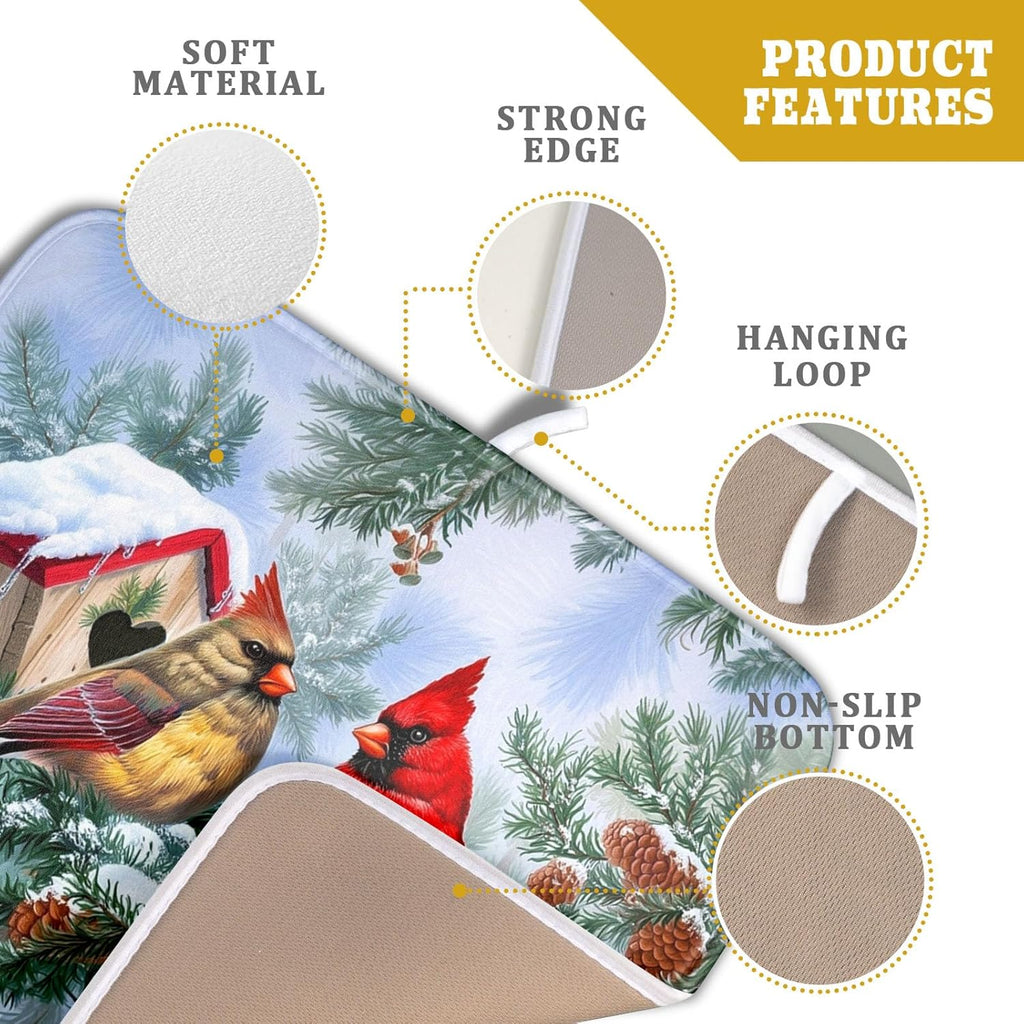 Winter Red Cardinal Bird Dish Drying Mat for Kitchen Counter,Holly Berry Branches Xmas Snowflake Cabin Drying Mat 16 x 18 Inch with High Absorbent Microfiber Drainer Mat for Coffee Bar
