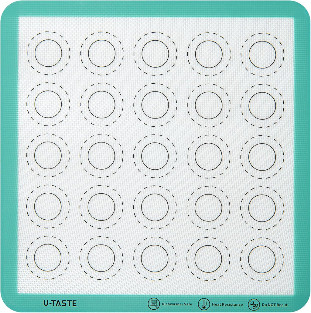 446ºF Heat Resistant Macaron Mat: U-Taste 11x11in Non Stick Silicone Baking Mat, Reusable Cookies Pastry Sheet Liner with Edge Enhancement & Circle Measurement for Square Cake Pan (Aqua Sky)