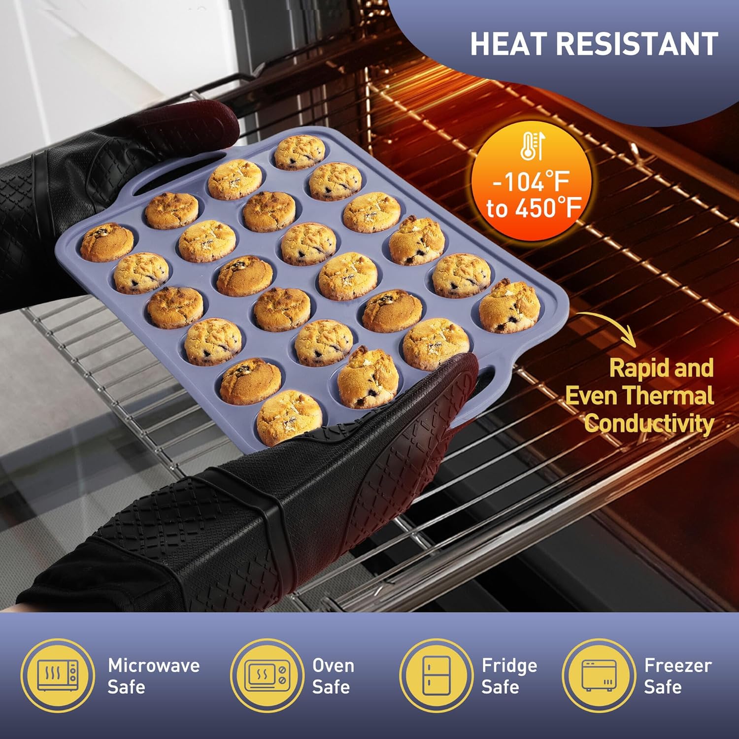 24 Cups Silicone Muffin Pan with Metal Reinforced Frame Mini Size Cupcake Tray Egg Mold Kitchen Stuff Accessories New Home Essential First Department Must Haves Gadget Thing Housewarming Hostess Gift