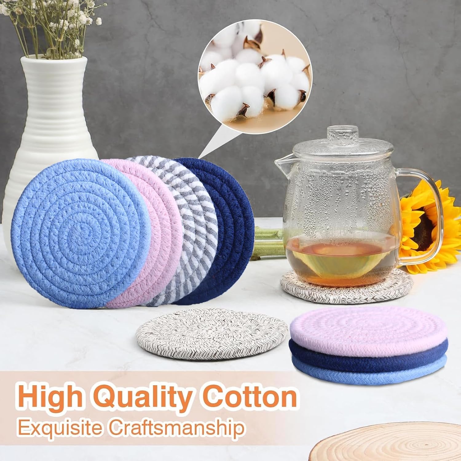 4.8" Sakura Pink Cotton Coasters for Drinks Set of 2 – Soft Absorbent Fabric Drink Pads for Coffee Cups, Boho Pastel Mug Mats for Desk, Nightstand, Dorm & Home Decor – Minimalist & Gift-Ready