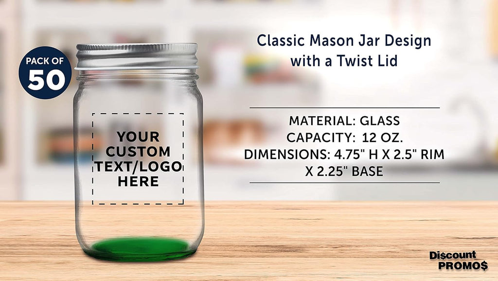 DISCOUNT PROMOS 50 Decorating Mason Jars Set, 12 oz. - Customizable Text, Logo - Canning, Aluminum Lid - Green