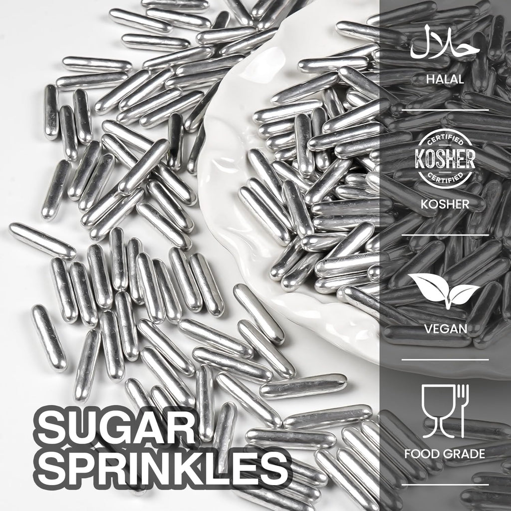 Silver Rods Sprinkles, Sugar Sprinkles For Cake Decorating, 150g/5.29oz, Food Grade, Ice Cream Decoration, Cupcake Toppers, Donuts, Cookies, Holiday, Birthday Party, Christmas Supplies