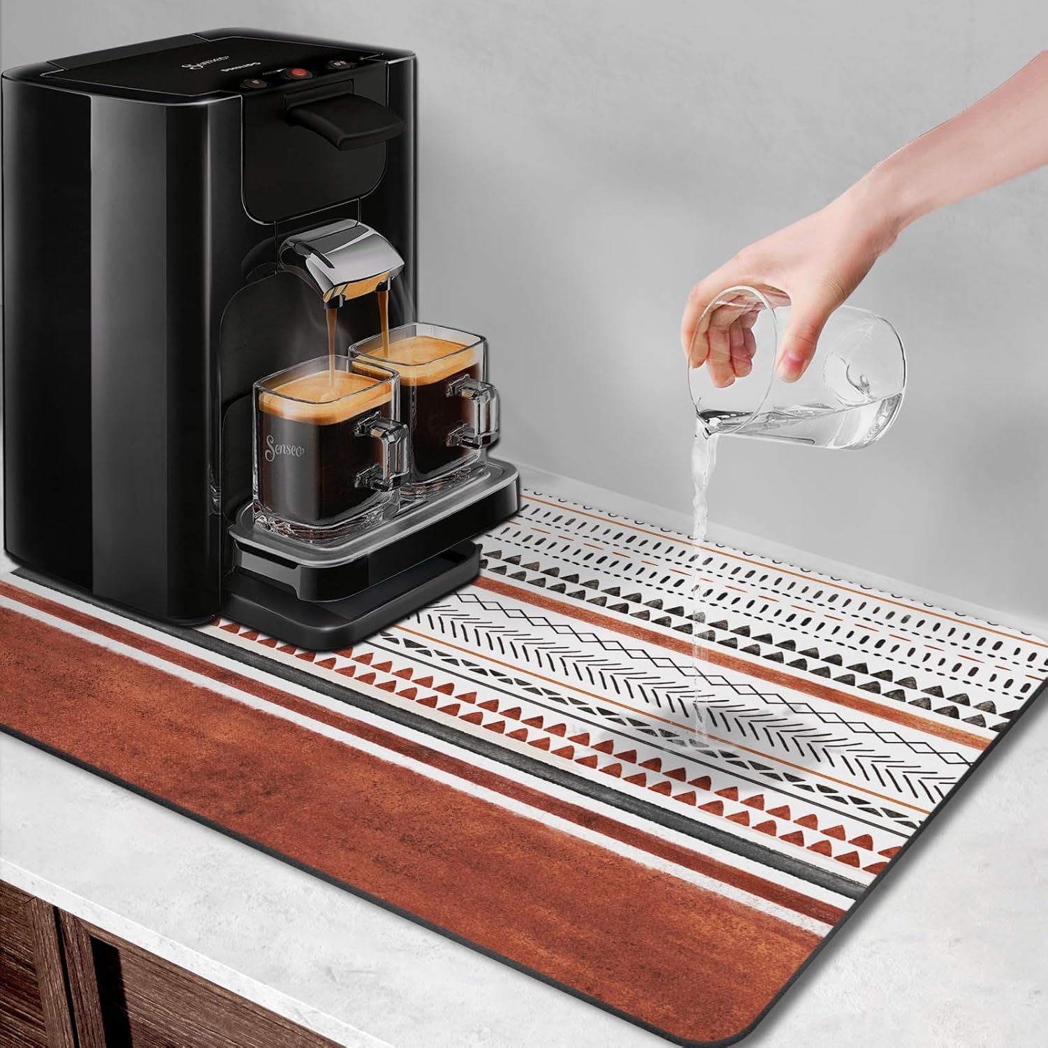 Arttown Coffee Mat for Countertops, Rust Stripes Boho Industrial Art Dish Drying Mat 2 Pcs for Kitchen Bar Accessories, Fit Under Coffee Maker Espresso Machine Dish Rack Hide Stain Rubber 12x19in