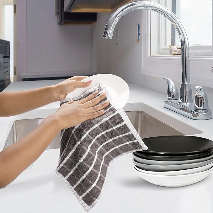 Urban Villa Dish Cloths Terry Cotton Pack of 6, Highly Absorbent Quick Drying Super Soft Premium Dish Towels for Kitchen with Hanging Loop Hand & Tea Towels - 12x12 Inch, (Grey & White, Checks)