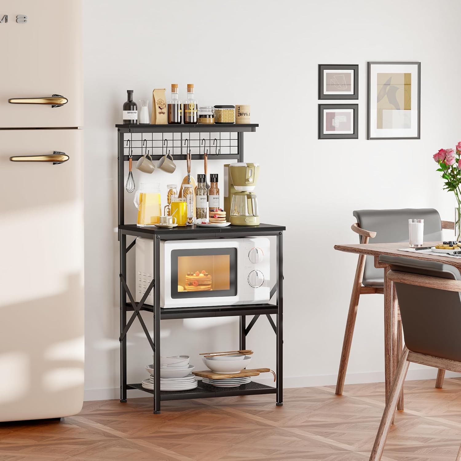 Furologee Kitchen Bakers Rack with Hutch, Coffee Bar Station 4 Tiers, Microwave Oven Stand with 6 S Hooks and Pegboard, Kitchen Microwave Rack for Spice Organizer Workstation, Black